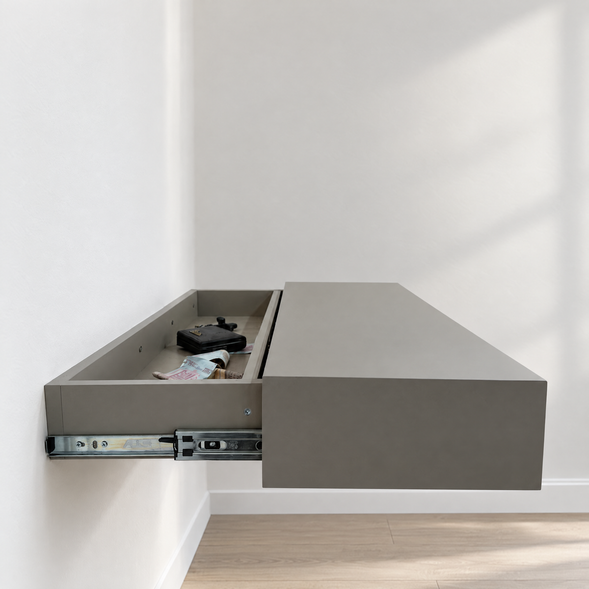 RFID hidden-compartment floating nightstand, compartment open